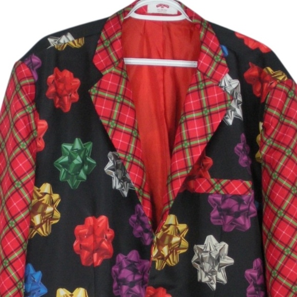Holiday Time Colourful Gift Bows & Red Plaid Ugly Christmas Blazer 2XL 50-52 - Picture 2 of 8